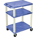 Luxor 34" Tuffy Open Shelf A/V Cart with 3 Shelves and 3-Outlet Electrical Assembly (Blue Shelves, Putty Legs)