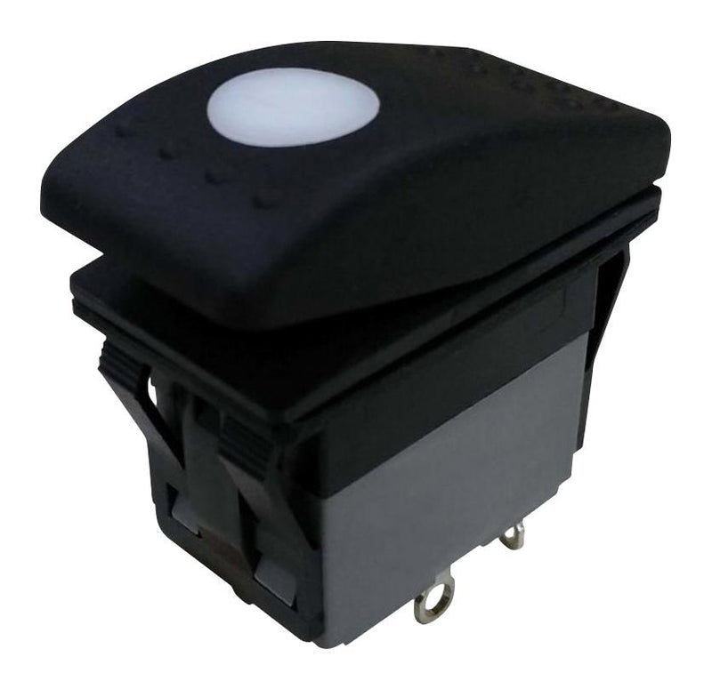 MULTICOMP PRO MPX5-264FNN-1ABD-3KN-S Rocker Switch, 12VDC LED, IP67, (On)-Off-(On), DPDT, Illuminated, Panel, Snap-In, Black