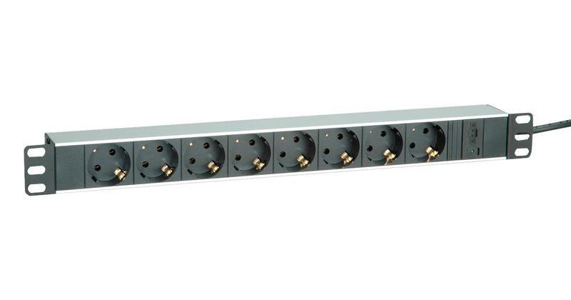 ROLINE 19.07.1622 Extension Lead, 19" Cabinet, ALU, White, 8 Outlets, Schuko, 10 A, 250 V, IEC 60320 C14, 2 m