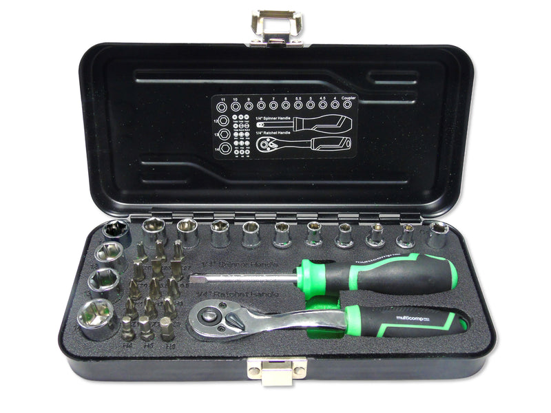 MULTICOMP PRO MP14-SS23018D Socket Tool Set, 1/4" Drive, Hex/Phillips/Slotted Bits/Coupler/Ratchet Handle/Bit Holder, 32 Pieces