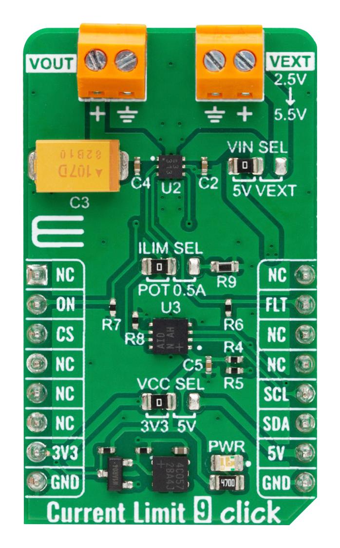 MIKROELEKTRONIKA MIKROE-5937 Add-On Board, Current Limit 9 Click, MikroE mikroBUS Compatible Development Boards