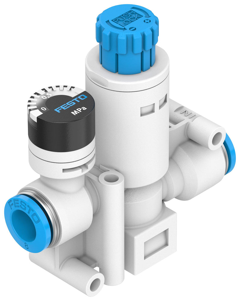 FESTO 8086004 Pressure Regulator, QS-6, 90 l/min, 1 to 8 bar Regulation, 0&deg;C to 60&deg;C, PBT VRPA-CM-Q6-E Pressure regulator