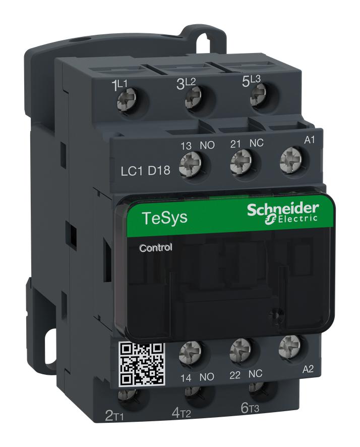 SCHNEIDER ELECTRIC LC1D18M7 Contactor, LC1D, 18 A, DIN Rail, 600 VAC, 3PST-NO, 3 Pole, 15 hp