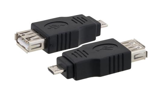 L-COM U2C00011 USB Adapter, Black, USB Type A Receptacle, Micro USB Type B Plug, USB 2.0