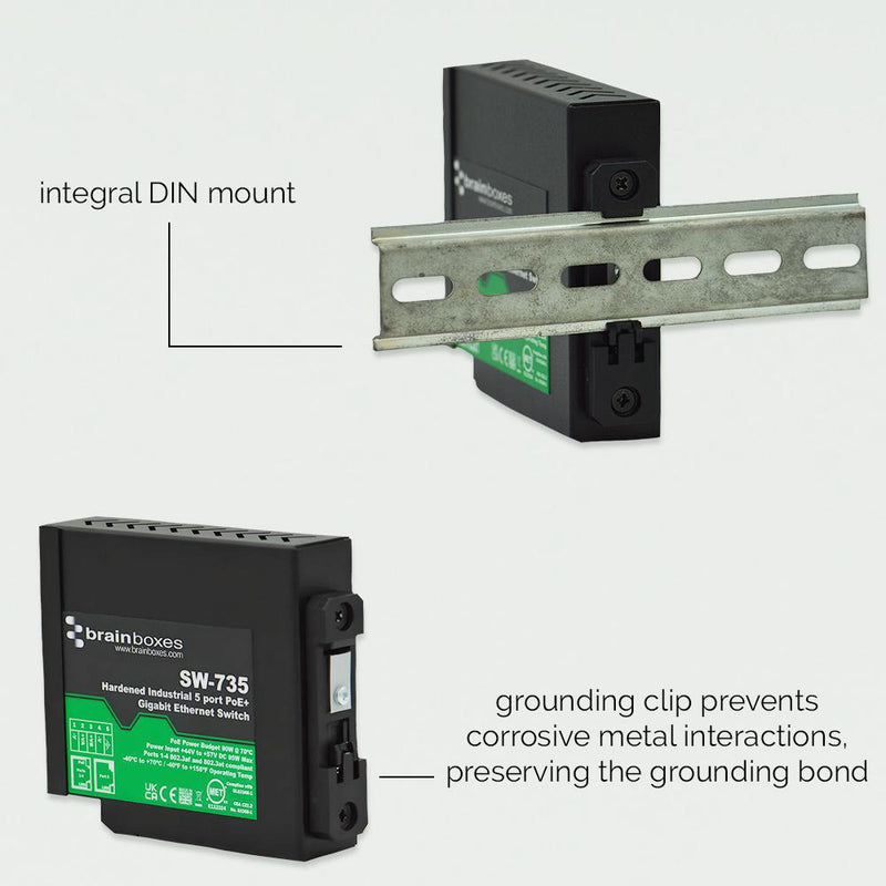 BRAINBOXES SW-735 Switch, Hardened, 5 Ports, Industrial, Unmanaged PoE Gigabit Ethernet, DIN Rail, RJ45 x 5 GTIN UPC EAN: 0837324005172
