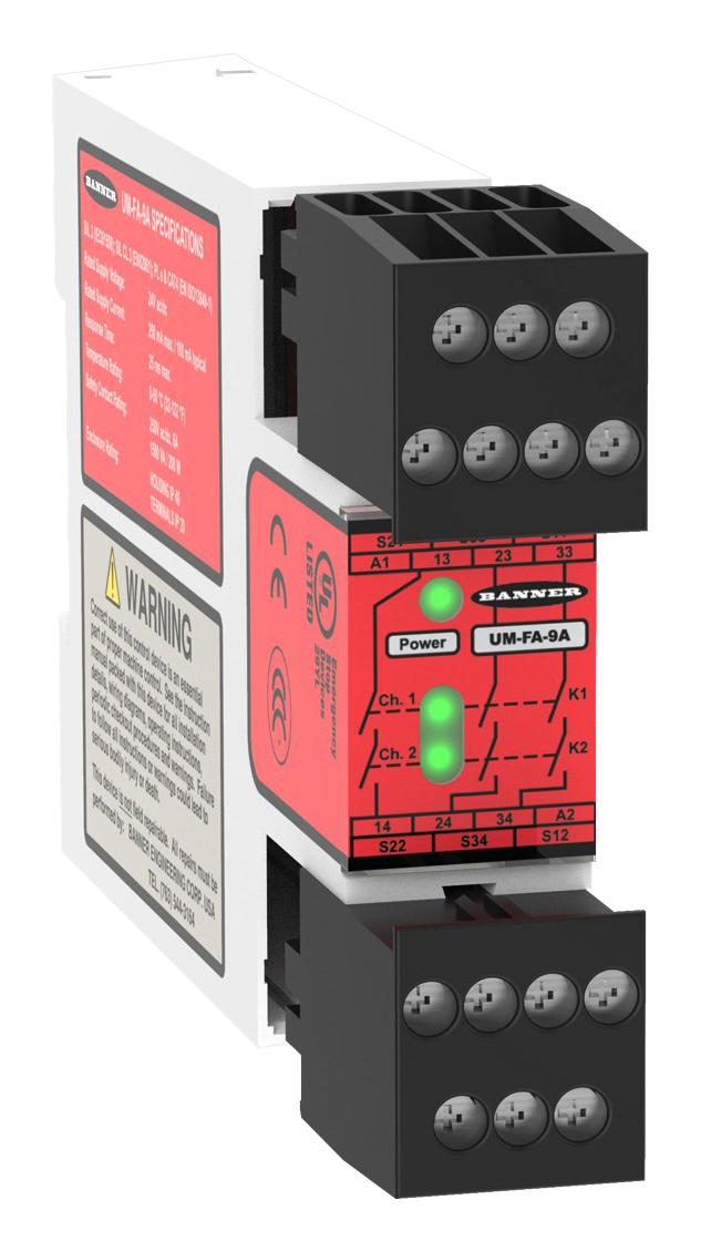 BANNER ENGINEERING UM-FA-9A Safety Relay, 24 VAC/VDC, 3PST-NO, UM Series, DIN Rail, 6 A, Screw