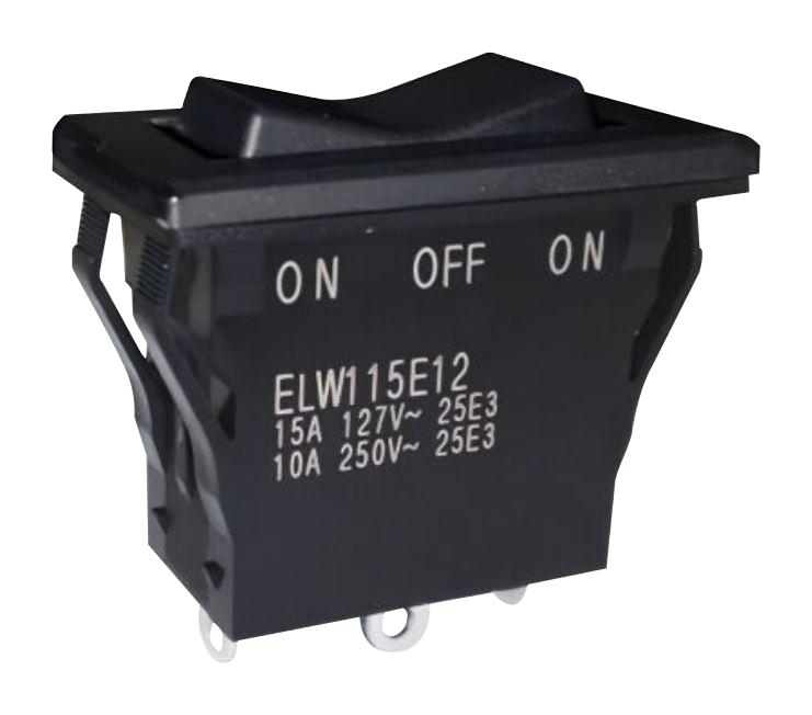 NIDEC COMPONENTS ELW115E12 Rocker Switch, Sealed, On-Off-On, SPDT, Non Illuminated, Panel, Snap-In, Black, ELW Series