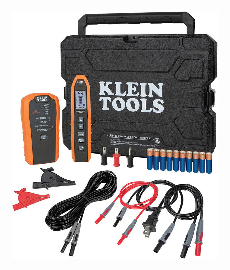 KLEIN TOOLS ET450 Advanced Circuit Tracer Kit, ET450 TX/RX, Adapter, Plug-Banana Jack, Alligator Clip, Battery, Case