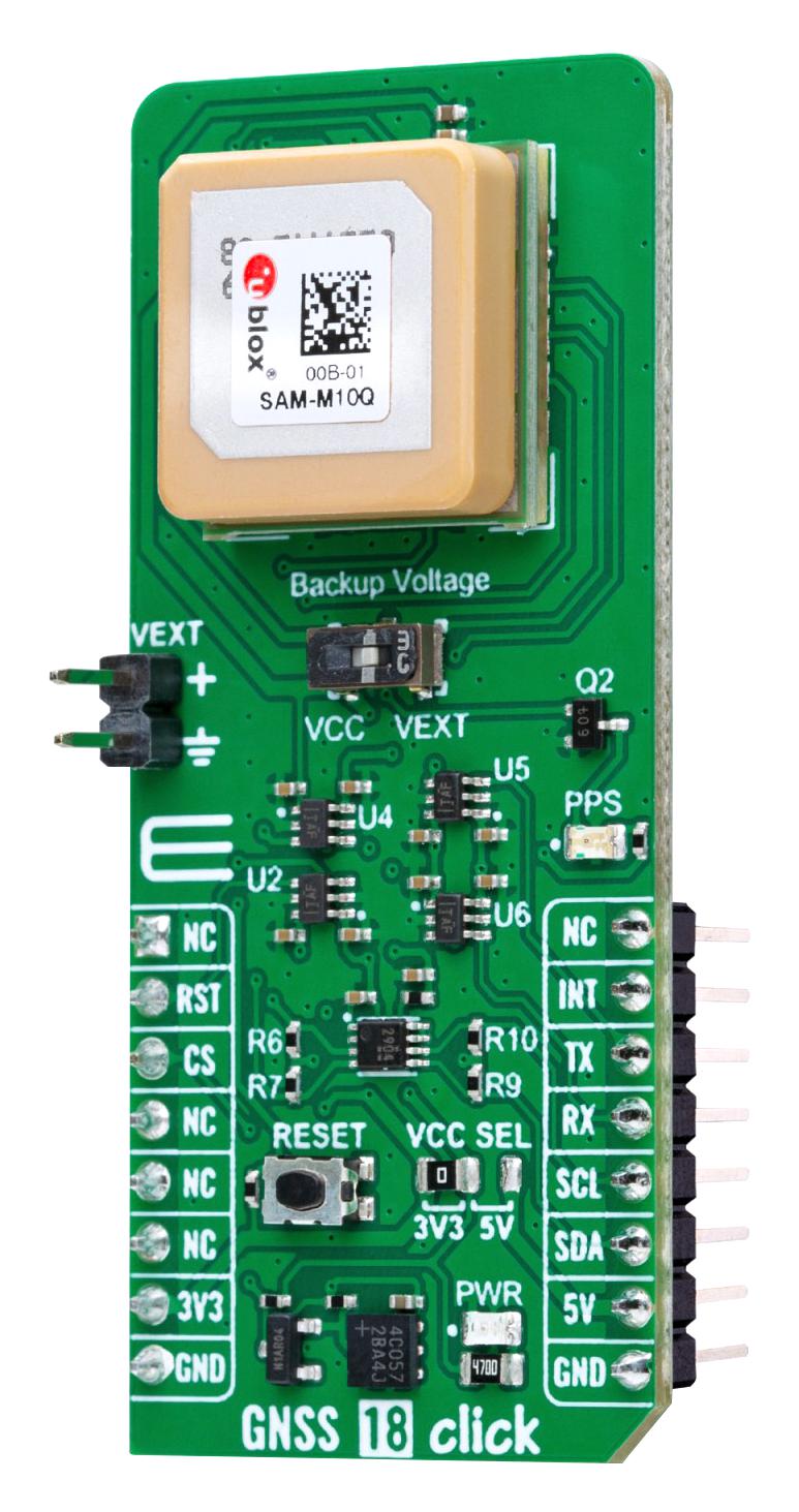 MIKROELEKTRONIKA MIKROE-6127 Add-On Board, GNSS 18 Click, SAM-M10Q, GNSS Module, I2C, UART, 3.3V/5V in