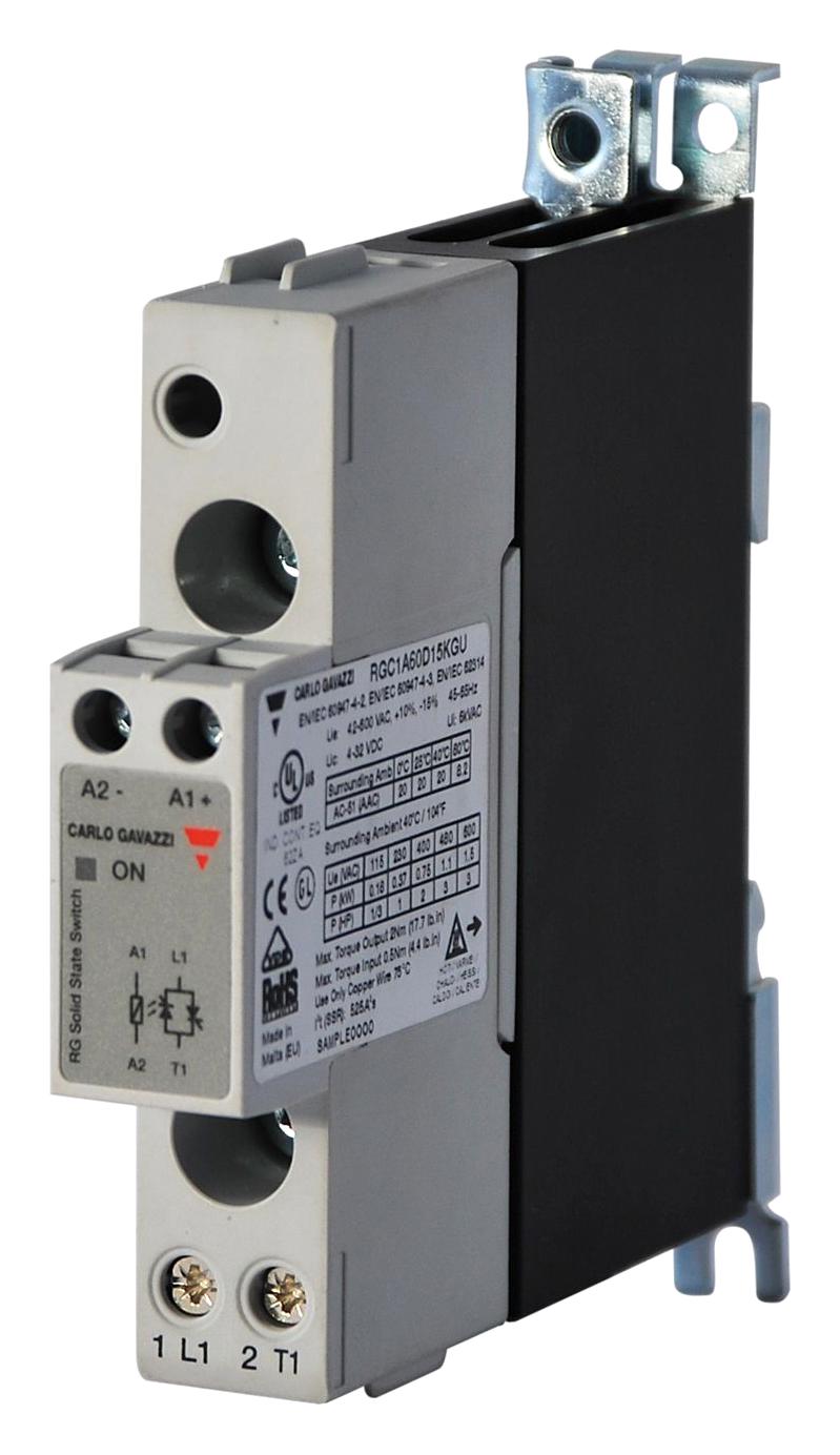 CARLO GAVAZZI RGC1A23D15KGU Solid State Contactor, 20 A, 264 VAC, 32 VDC, Zero Crossing, DIN Rail, Panel, Screw