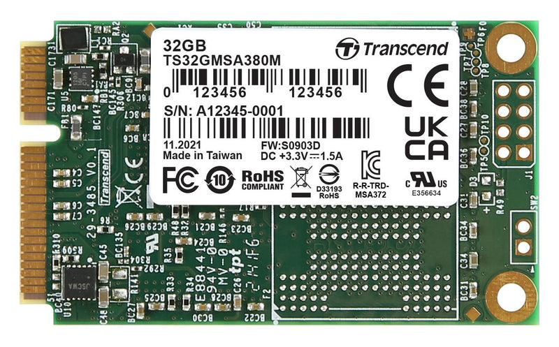 TRANSCEND TS32GMSA380M SSD, Internal, mSATA, SATA 6 Gb/s (SATA III), 32 GB, MLC NAND