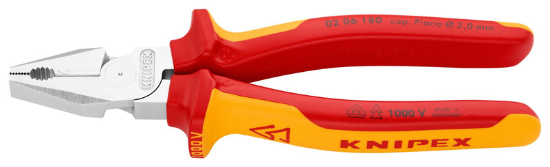 KNIPEX 02 06 180 Pliers, Combination, 180mm Overall Length, High Leverage VDE, Cutting Edges, Dual Component Handles GTIN UPC EAN: 4003773010012