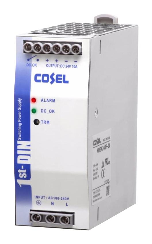 COSEL KHEA240F-24 AC/DC DIN Rail Power Supply (PSU), Euro I/O Terminals, ITE, 1 Output, 240 W, 24 V, 10 A