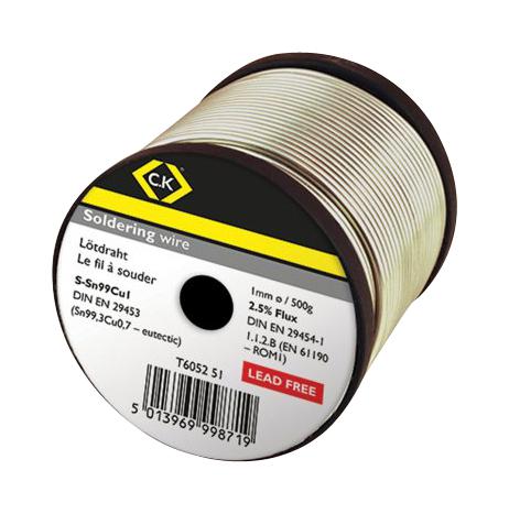 CK TOOLS T6052 52 Solder Wire, Lead Free, Rosin, 99, 1 Sn, Cu, 2 mm Diameter, 500 g
