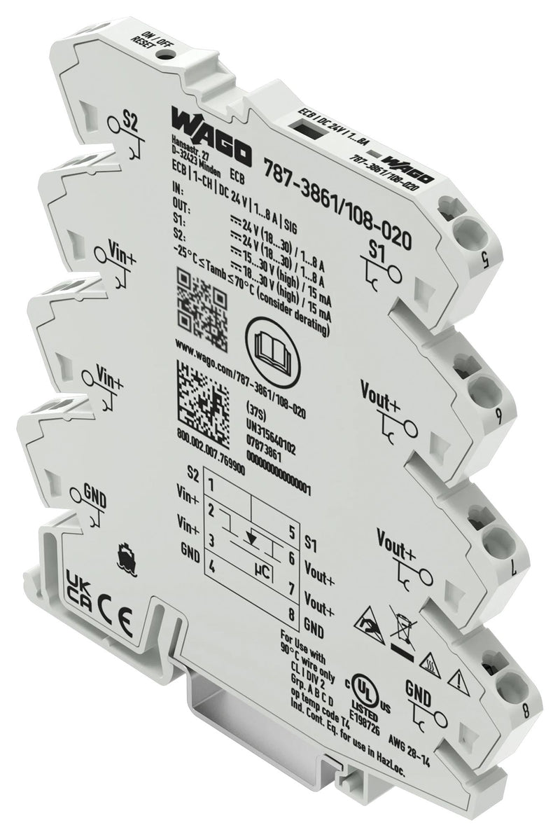 WAGO 787-3861/108-020 Electronic Circuit Breaker, 787 Series, 1 Pole, 24 VDC, DIN Rail, 8 A