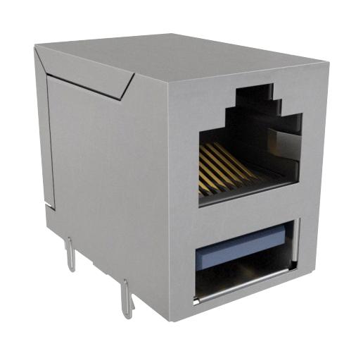 AMPHENOL COMMUNICATIONS SOLUTIONS RJE361882403 Modular Connector, RJ45 Jack with USB, 2 x 1 (Stacked), 8P8C, Cat3, Cat5, PCB Mount