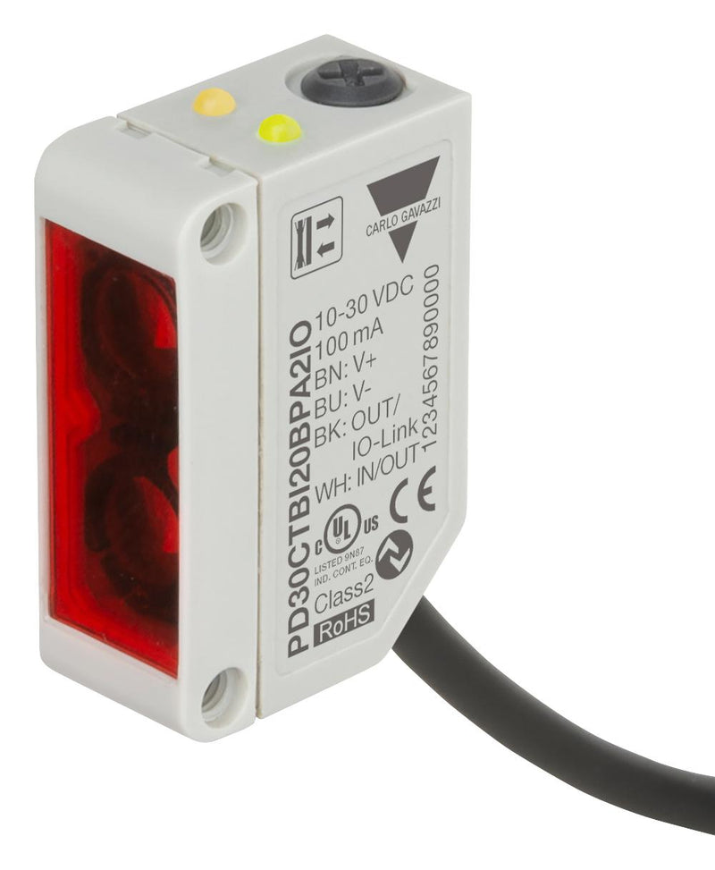 CARLO GAVAZZI PD30CTBI20BPA2IO Sensor, Photo, 200  mm, NPN/Push Pull/PNP, Background Suppression, 10 to 30 VDC, Cable