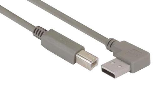 L-COM CA90LA-B-03M USB Cable, 90&deg; Type A Plug to Type B Plug, 300 mm, 11.8 ft, USB 2.0, Grey