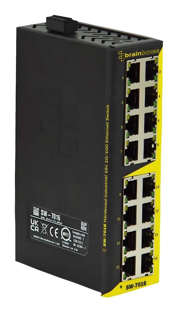 BRAINBOXES SW-7016 Switch, 16 Ports, Industrial, Fast Ethernet, DIN Rail, RJ45 x 16, 10Mbps, 100Mbps GTIN UPC EAN: 0837324005196