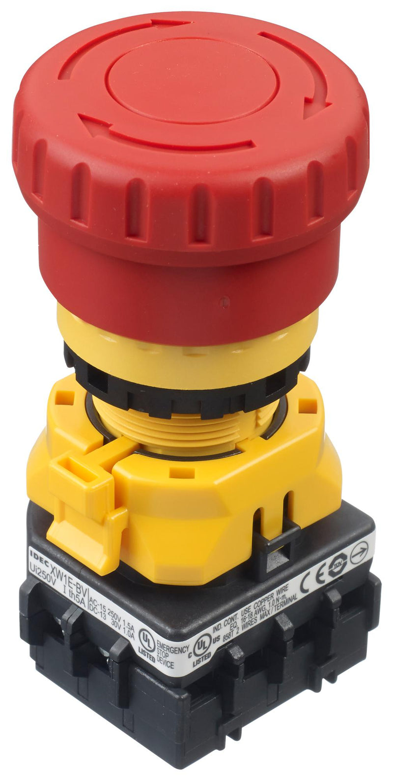 IDEC XW1E-BV402MFR Emergency Stop Switch, DPST-NC, Push-Pull, Screw, 5 A, 125 V