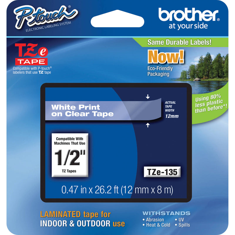 Brother TZe135 Laminated Tape for P-Touch Labelers (White on Clear, 0.5" x 26.2')