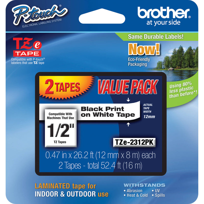 Brother TZe231 Laminated Tape for P-Touch Labelers (Black on White, 0.5" x 26.2', 2-Pack)