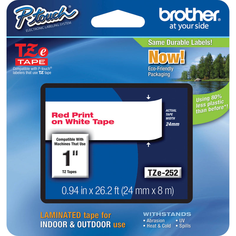 Brother TZe252 Laminated Tape for P-Touch Labelers (Red on White, 1" x 26.2')