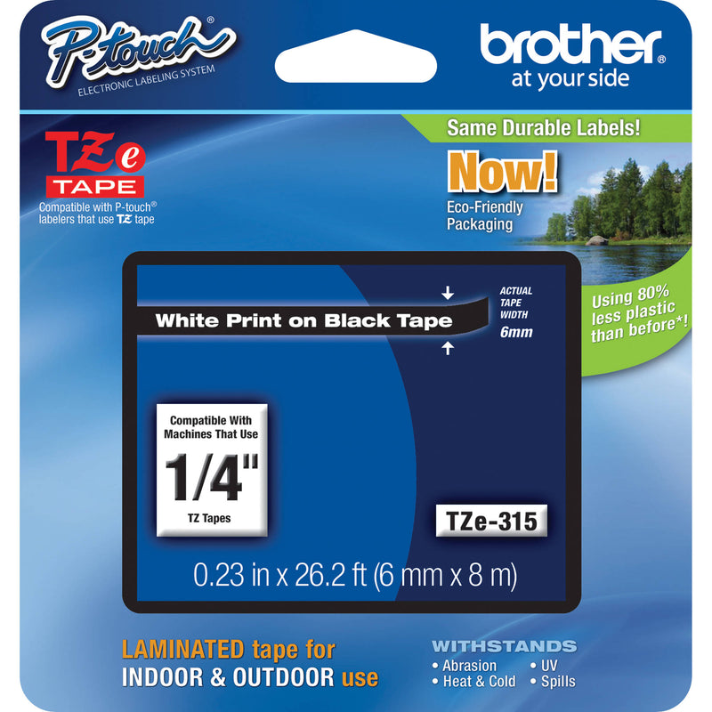 Brother TZe315 Laminated Tape for P-Touch Labelers (White on Black, 0.25" x 26.2')