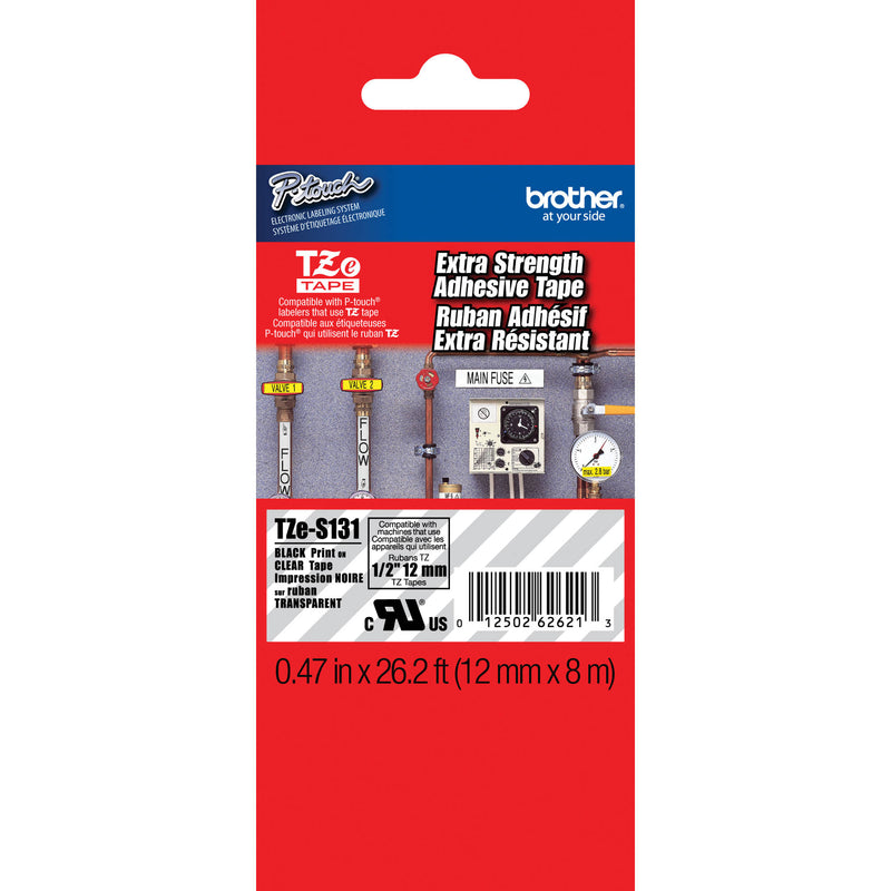 Brother TZeS131 Tape with ExtraStrength Adhesive for P-Touch Labelers (Black on Clear, 1/2" x 26.2')