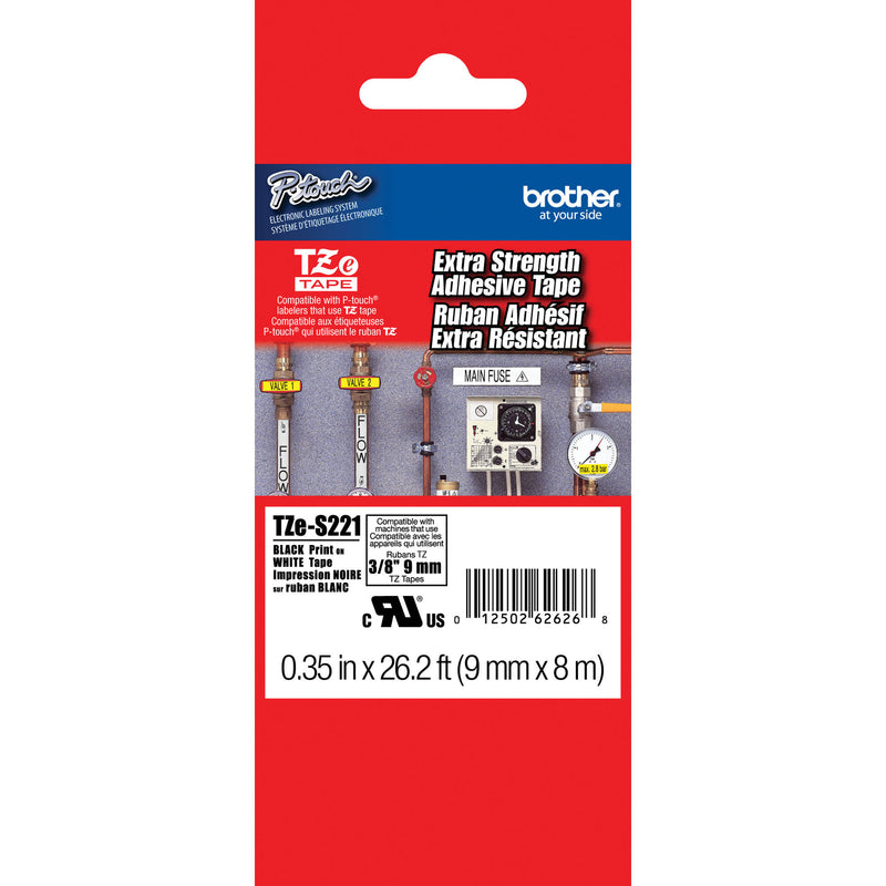 Brother TZeS221 Tape with ExtraStrength Adhesive for P-Touch Labelers (Black on White, 3/8" x 26.2')