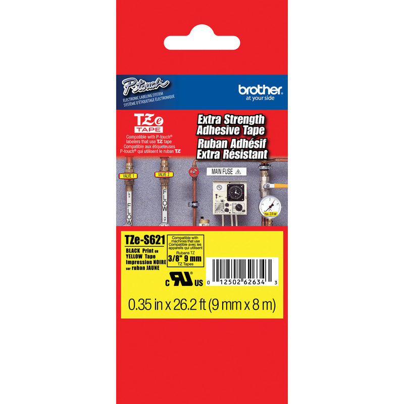 Brother TZeS621 Tape with ExtraStrength Adhesive for P-Touch Labelers (Black on Yellow, 3/8" x 26.2')