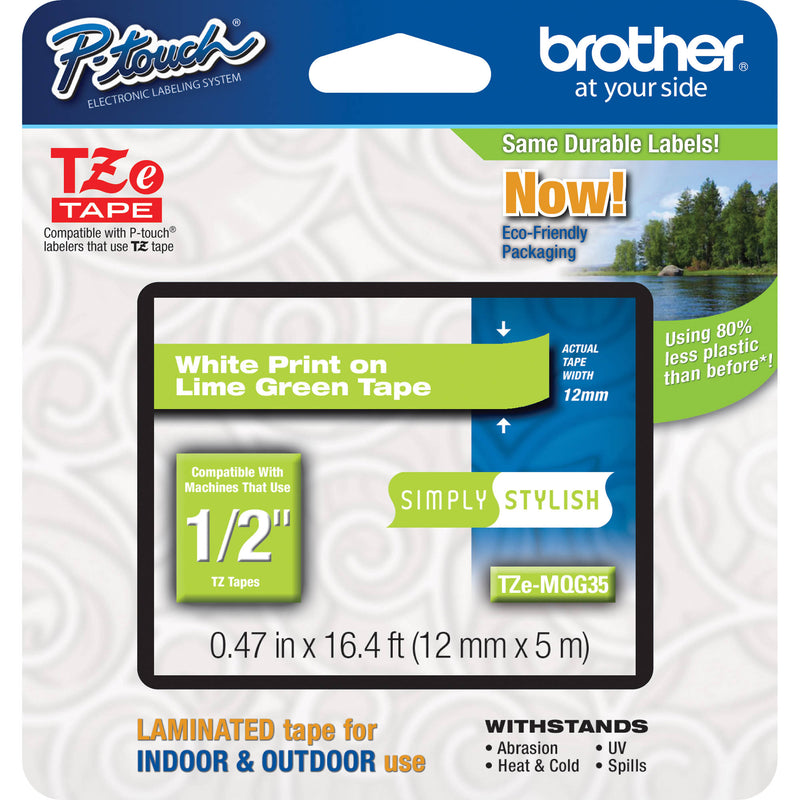 Brother TZeMQG35 Laminated Tape for P-Touch Labelers (White on Lime Green, 0.5" x 16.4')