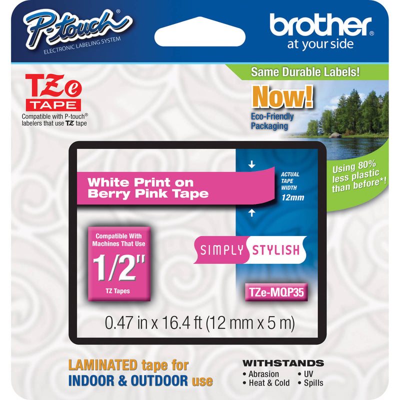 Brother TZeMQP35 Laminated Tape for P-Touch Labelers (White on Berry Pink, 0.5" x 16.4')