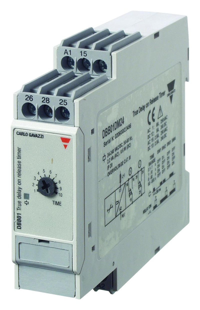 CARLO GAVAZZI DBB02CM24 Analogue Timer, DBB02 Series, Delay-On-Release, 60 s, 10 h, 7 Ranges, 1 Changeover Relay