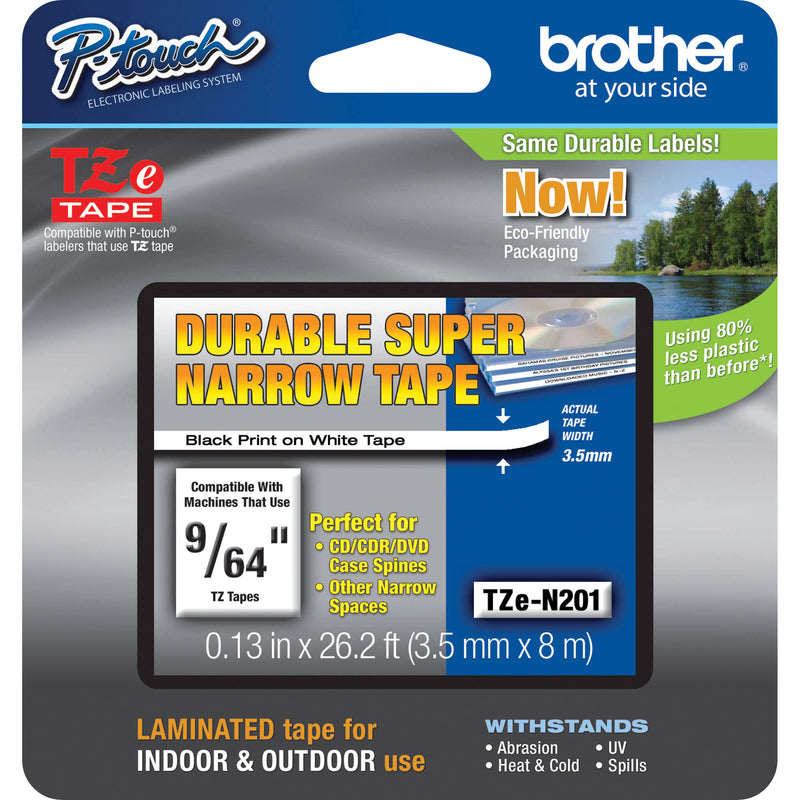 Brother TZeN201 Laminated Supernarrow Tape for P-Touch Labelers (9/64" x 26.2', Black on White)