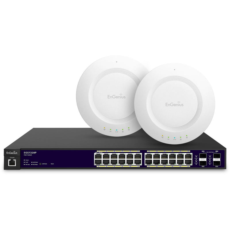 EnGenius 24-Port Gigabit PoE+ L2 Managed Switch Kit with Two N600 Indoor, Ceiling Mount Access Points