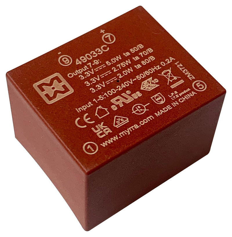 MYRRA 49033C AC/DC PCB Mount Power Supply (PSU), ITE & Household, 1 Output, 5 W, 3.3 VDC, 1.5 A
