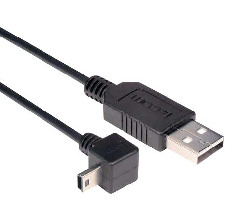 L-COM CAA-90DMB5-2M USB Cable, Type A Plug to 90&deg; Mini Type B Plug, 2 m, 6.6 ft, USB 2.0, Black