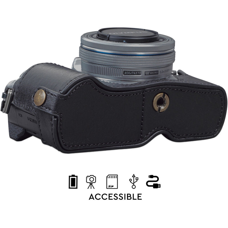 MegaGear Ever Ready Genuine Leather Half Case for Olympus OM-D E-M10 Mark IV Camera (Black)
