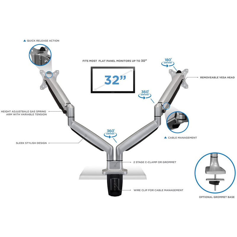 Mount-It! Dual-Monitor Desk Mount for Displays up to 32" (Silver)