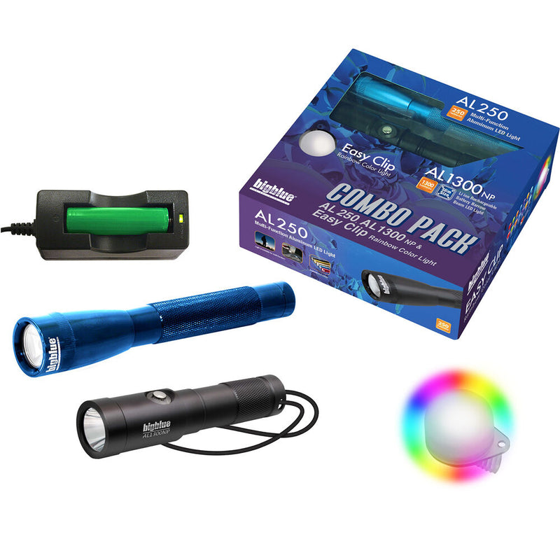 Bigblue AL1300NP & Blue AL250 Dive Light Combo Pack with Rainbow Clip