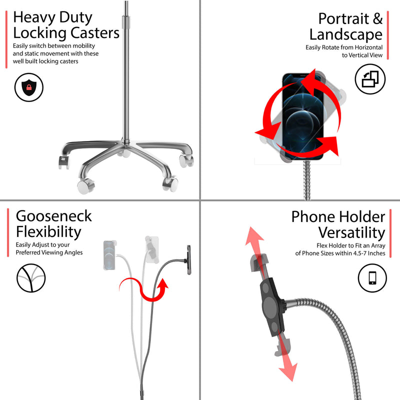 CTA Digital Heavy-Duty Rolling Floor Stand with Gooseneck and Phone Holder