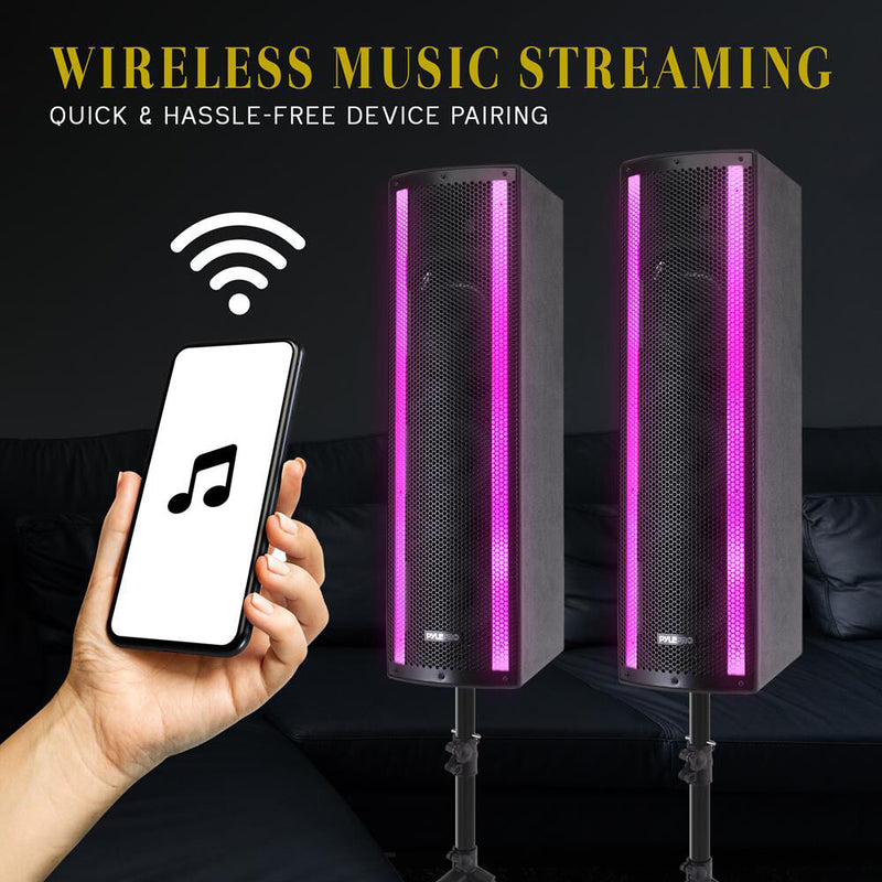 Pyle Pro PS65ACT 6.5" 3-Way 2000W Portable Bluetooth PA Speaker with Light Show, Microphone, and Stands (Pair)