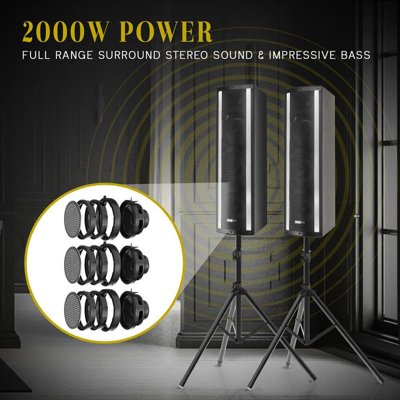 Pyle Pro PS65ACT 6.5" 3-Way 2000W Portable Bluetooth PA Speaker with Light Show, Microphone, and Stands (Pair)