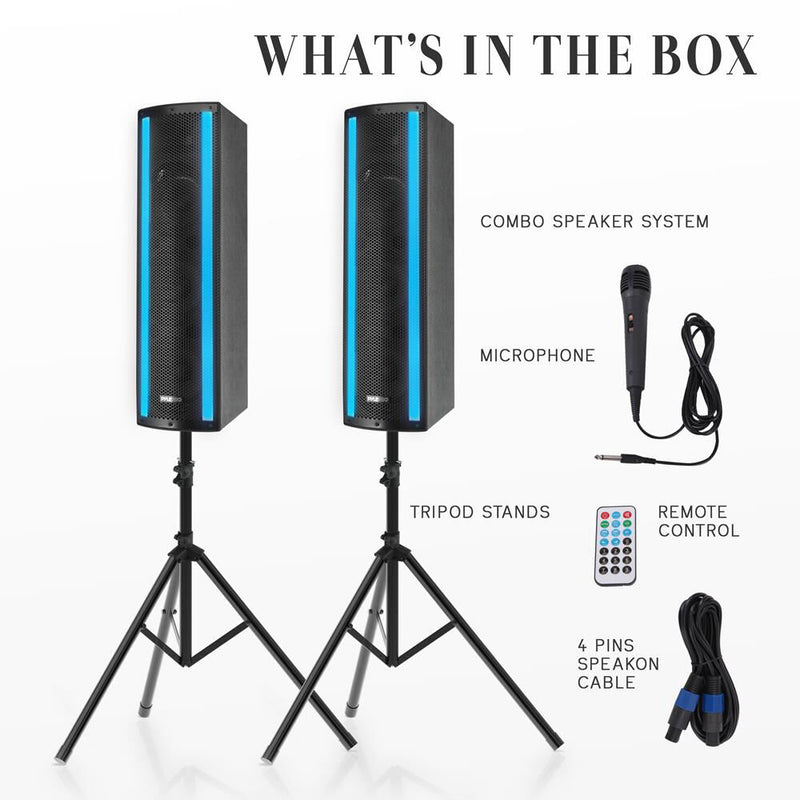 Pyle Pro PS65ACT 6.5" 3-Way 2000W Portable Bluetooth PA Speaker with Light Show, Microphone, and Stands (Pair)