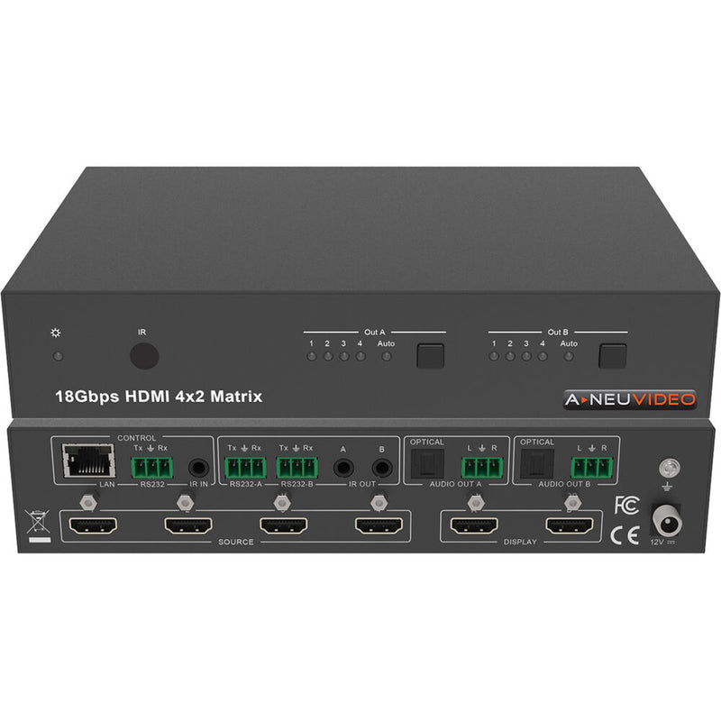 A-Neuvideo 4x2 HDMI 2.0 18 Gb/s Matrix Switcher with Scaler, SPDIF, Analog & Web-GUI