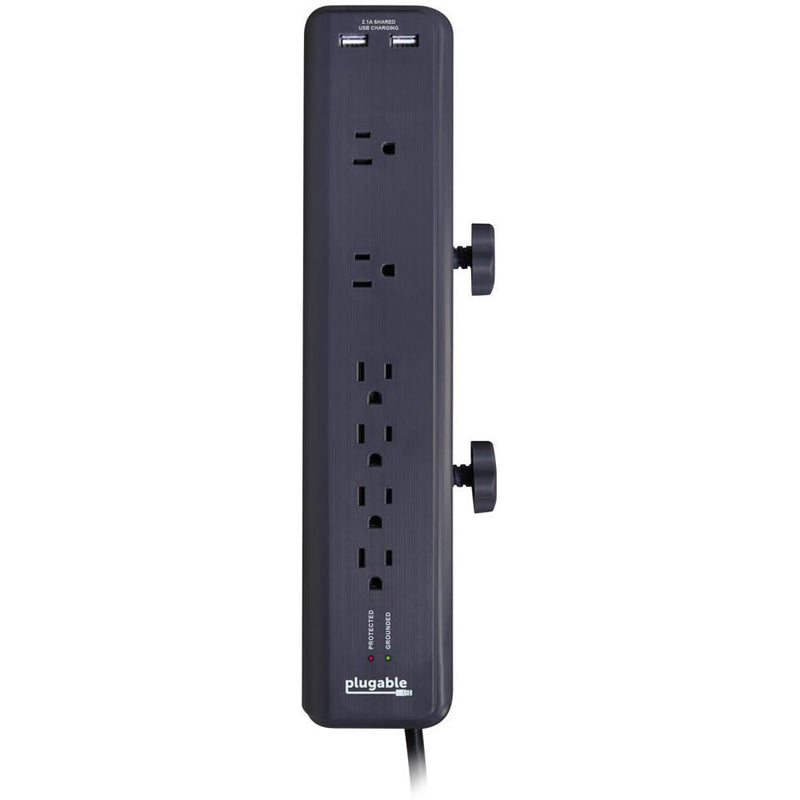 Plugable 6-Outlet Surge Protector with USB Charging and Desk Clamp Mount