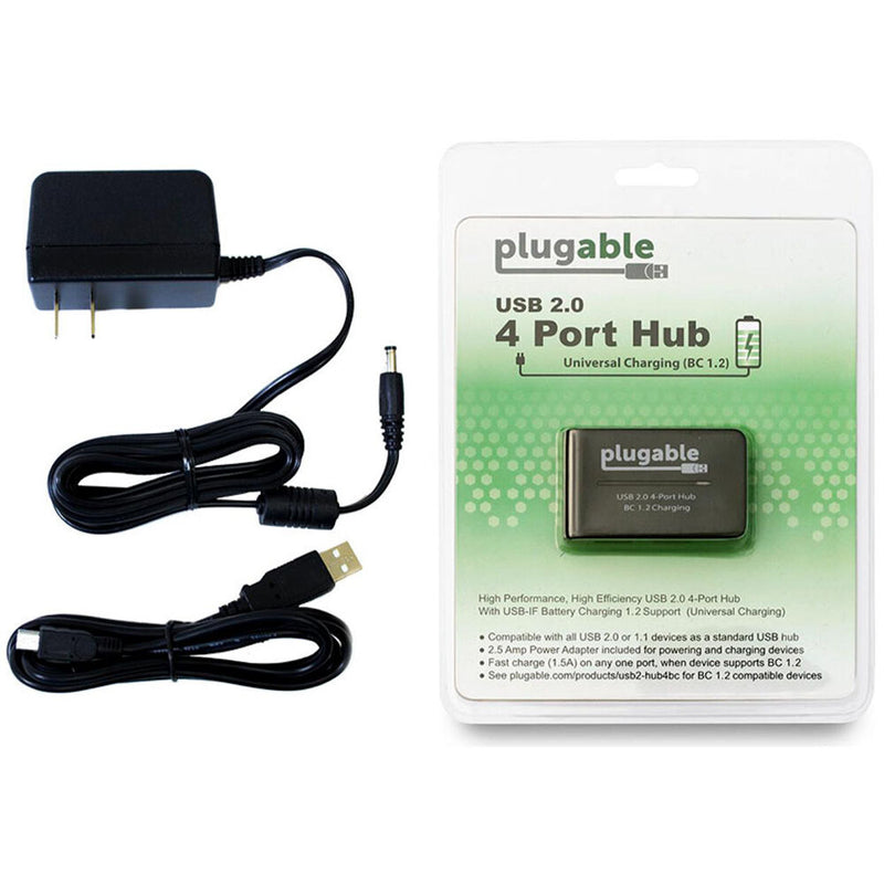 Plugable 4-Port USB-A 2.0 Hub with 12.5W Power Adapter and BC 1.2 Charging