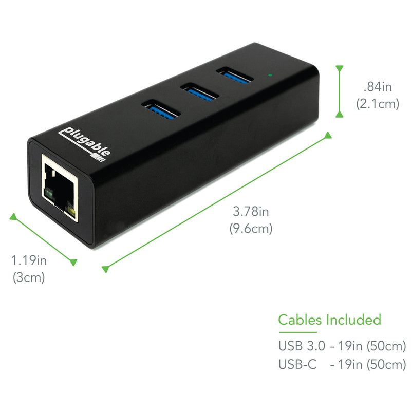 Plugable 3-Port USB 3.2 Gen 1 Hub with Gigabit Ethernet