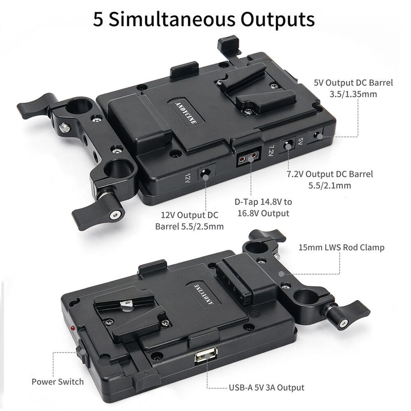 ANDYCINE Multi-Output V-Mount Battery Plate with Adjustable 15mm LWS Rod Bracket